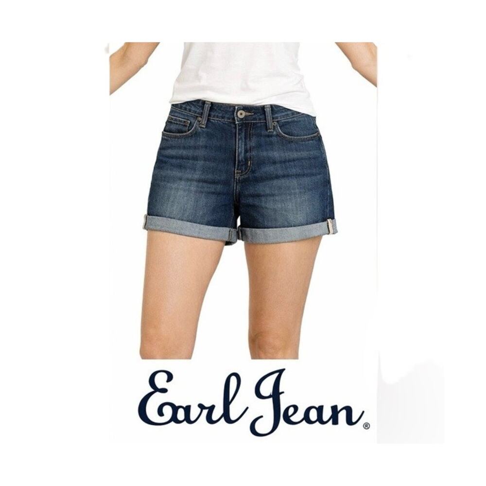 Earl Jean Denim Shorts Womens Size 6 Blue Low Rise Cuffed Hem Pockets Stretch